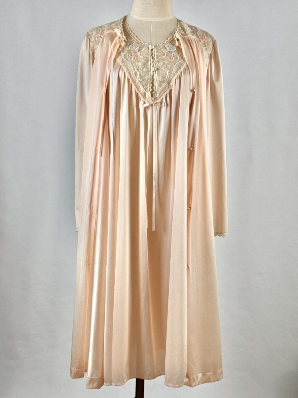 Vtg Lorraine Peignoir Robe Nightgown Set Nylon Peach Pink Lace Floral Applique
